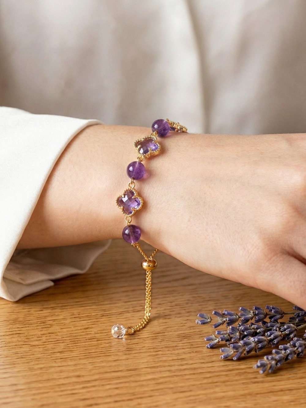 🆕New Purple Amethyst Four Leaf Clover Bracelet - Picture 3 of 16